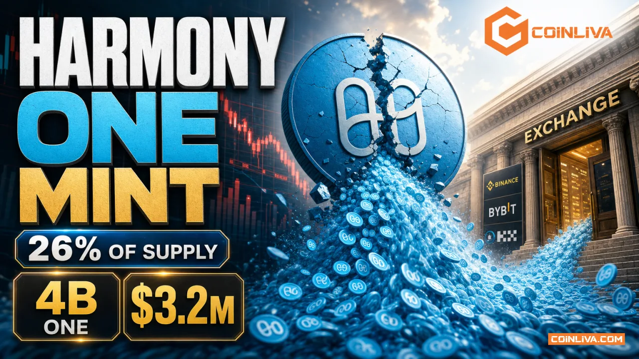 A cracked Harmony ONE coin spilling billions of duplicate tokens toward exchange wallets.