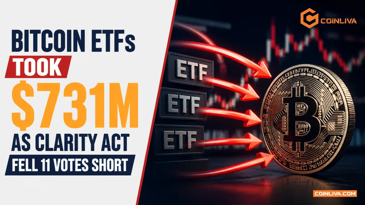 Bitcoin ETFs Took $731M as CLARITY Act Fell 11 Votes Short