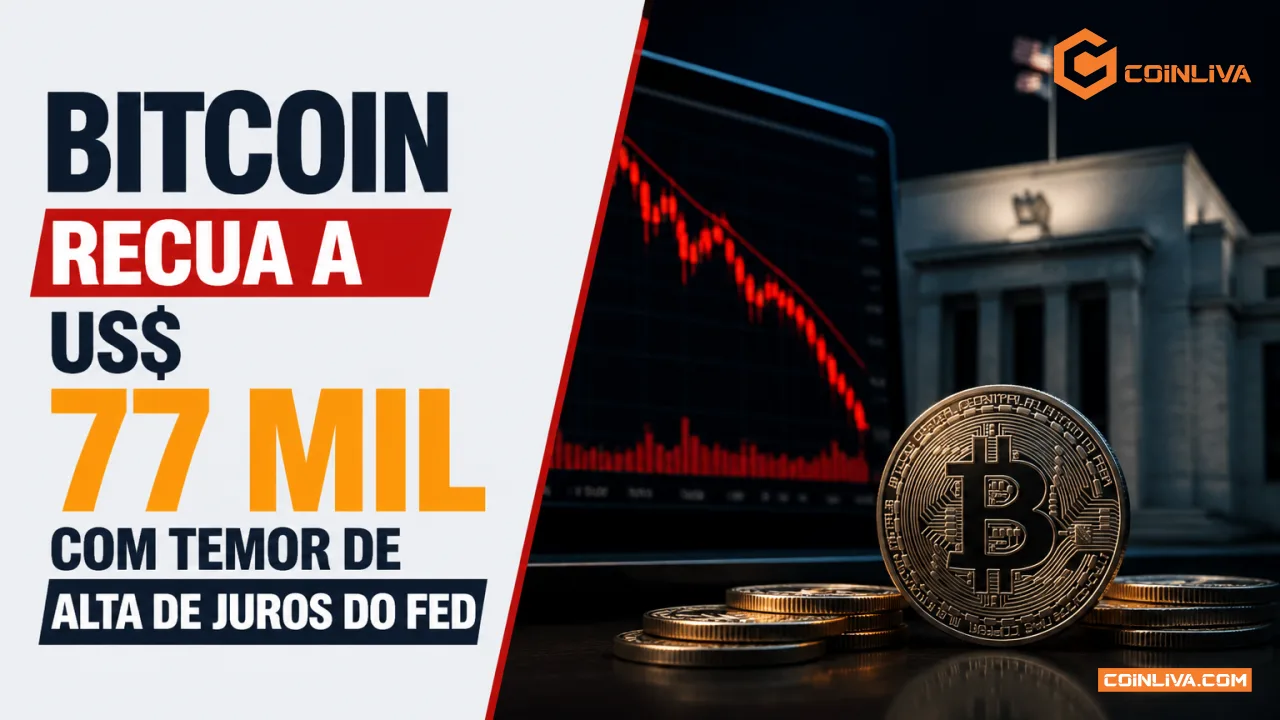 Bitcoin recua a US$ 77 mil com temor de alta de juros do Fed