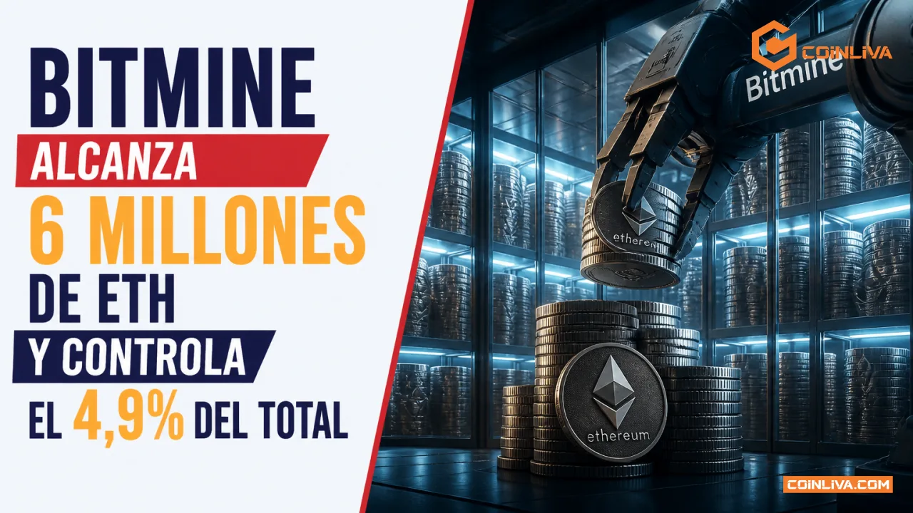 Bitmine alcanza 6 millones de ETH y controla el 4,9% del total