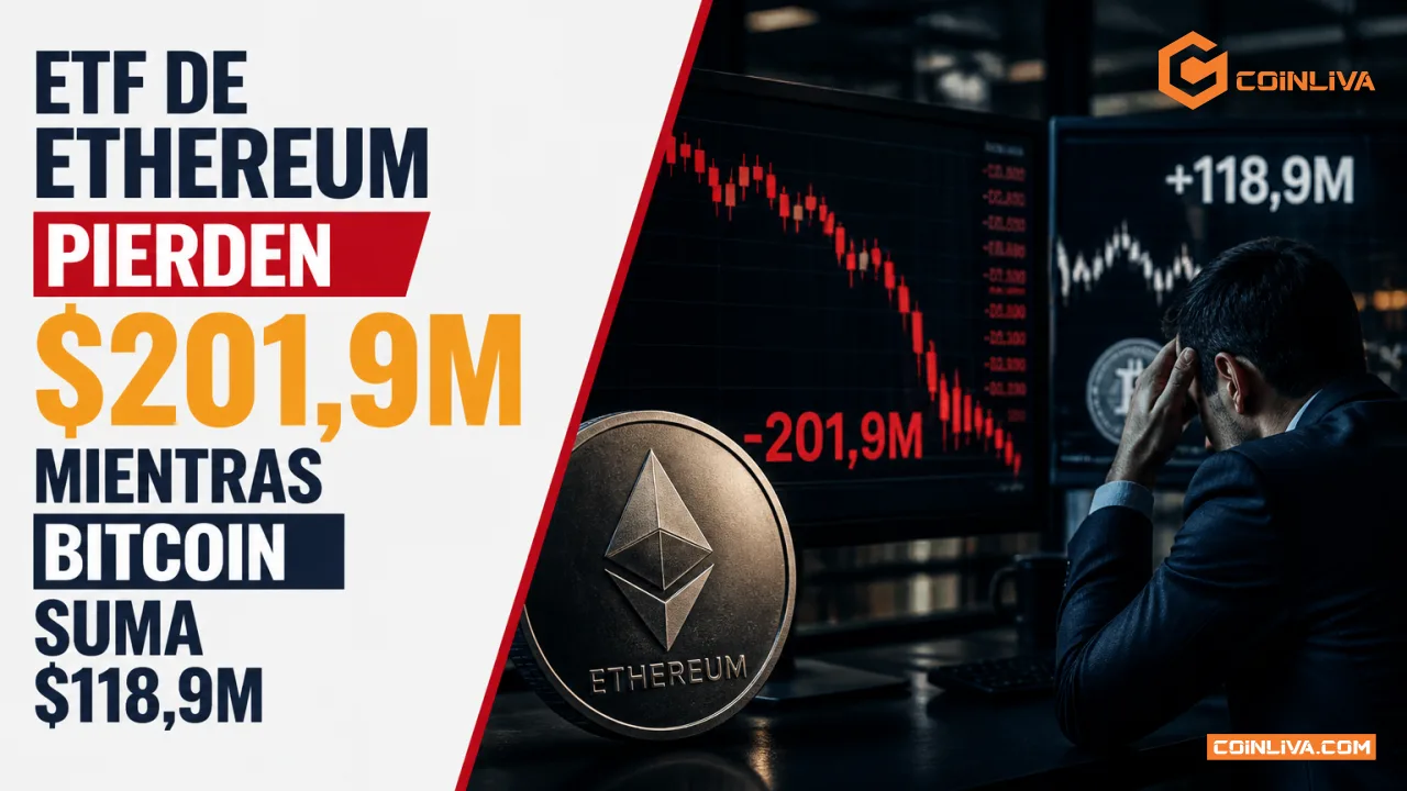 ETF de Ethereum pierden $201,9M mientras Bitcoin suma $118,9M