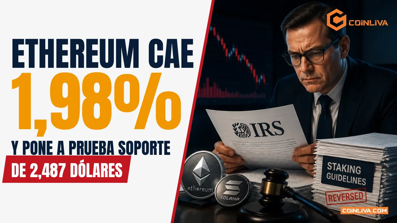 Ethereum cae 1,98% y pone a prueba soporte de 2,487 dólares